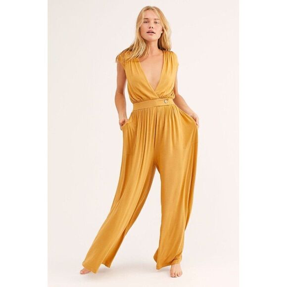 NEW FREE PEOPLE FP BEACH Sz M WIDE LEG NAOMI V JUMPER JUMPSUIT GOLDEN BRONZE